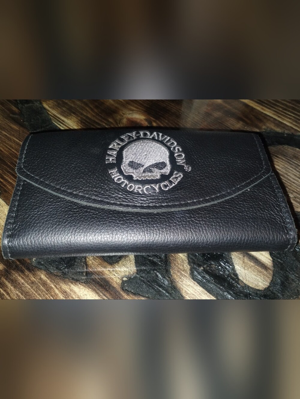 Embossed Harley-Davidson Black Leather Trifold Wallet with Silver Skull